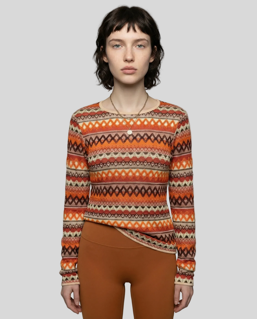 Athlesi PatternPulse Long Sleeve Top styled with caramel Athlesi leggings front view