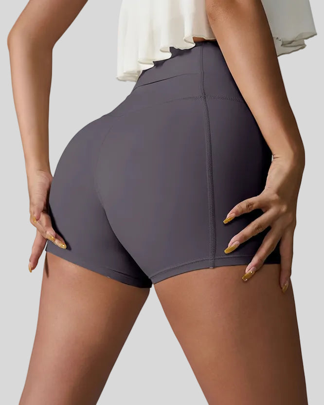 Back right view of charcoal seamless studio short with waistband pocket
