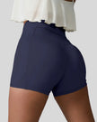 Back left view of navy seamless high-waist short with rear pocket