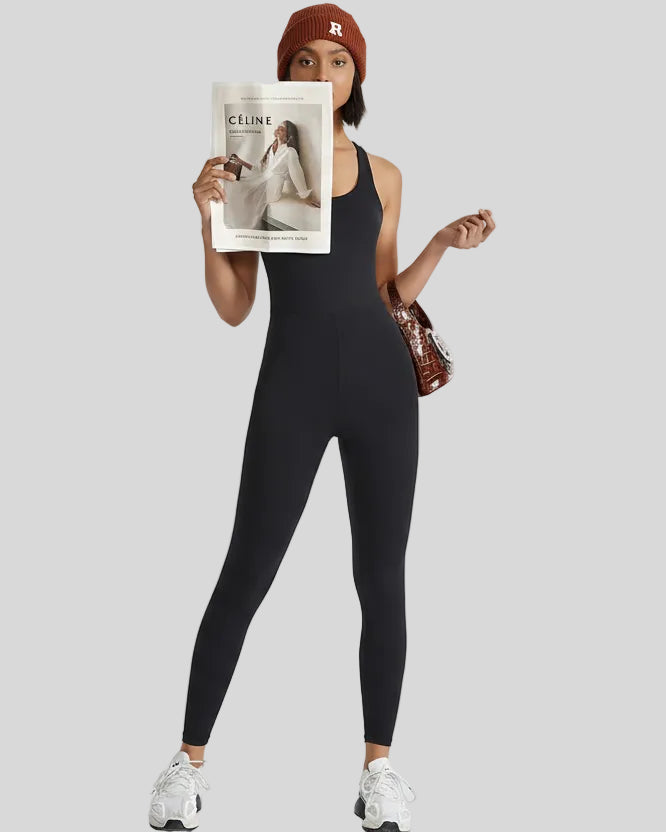 Athlesi PowerFlow open-back active jumpsuit in black, front view