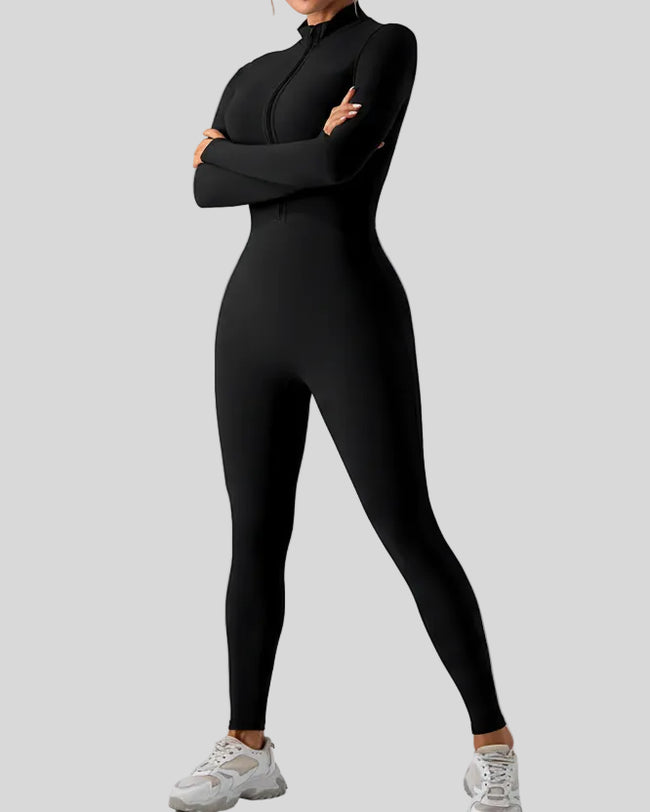 Front angle view of Athlesi PowerSculpt active jumpsuit in black