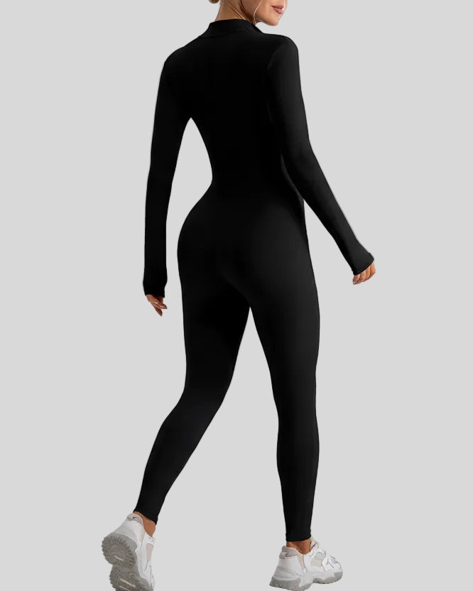 Back view of Athlesi PowerSculpt half-zip long sleeve jumpsuit in black