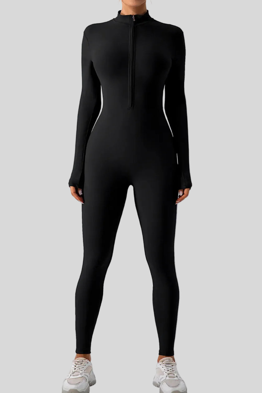Athlesi PowerSculpt long sleeve active jumpsuit in black, front view