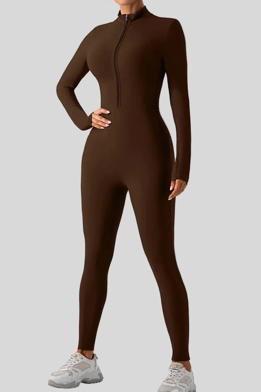Front angle view of Athlesi PowerSculpt active jumpsuit in chocolate