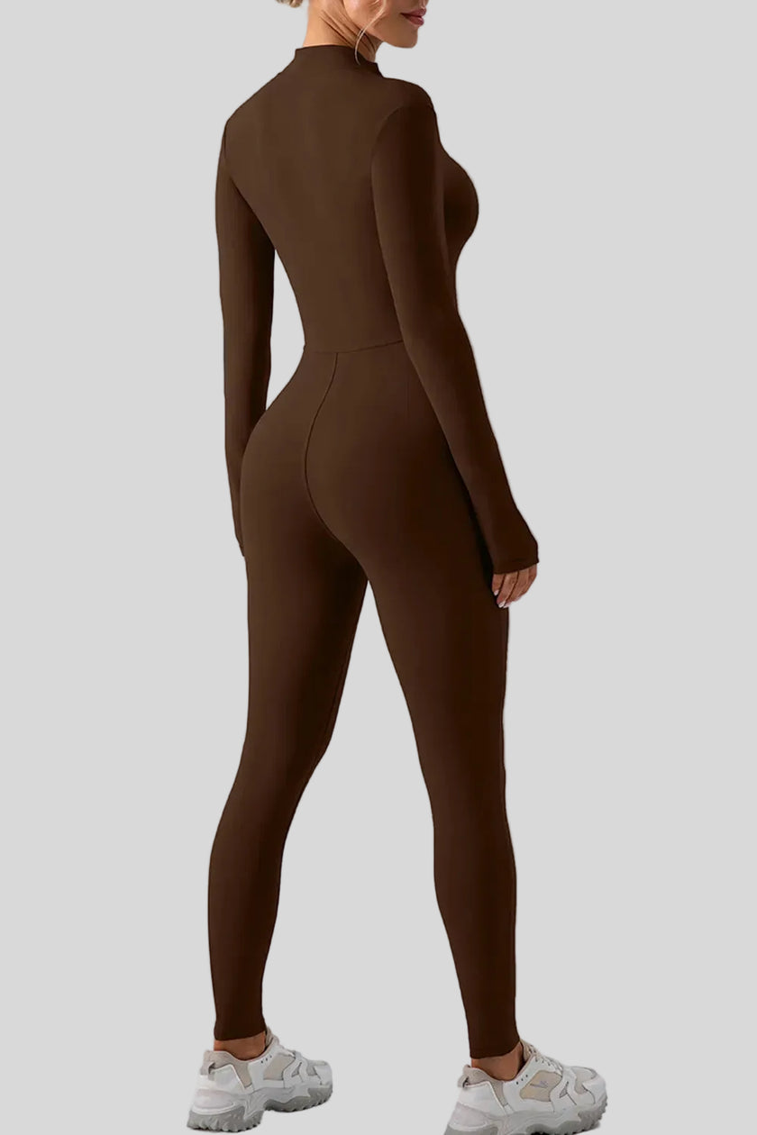 Back view of Athlesi PowerSculpt half-zip long sleeve jumpsuit in chocolate