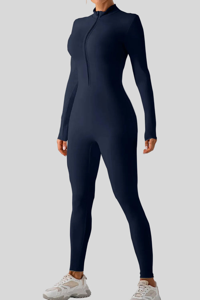 Front angle view of Athlesi PowerSculpt active jumpsuit in dark blue