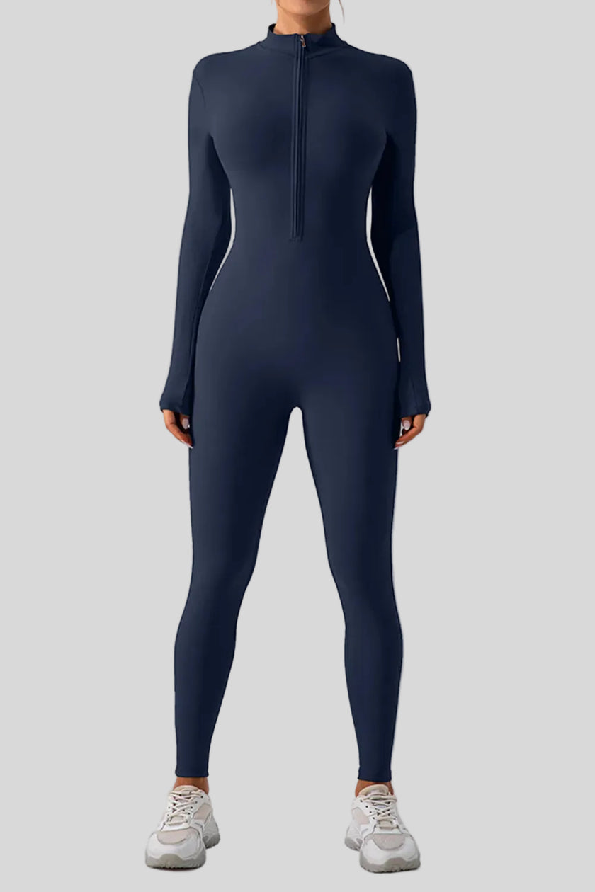 Athlesi PowerSculpt long sleeve active jumpsuit in dark blue, front view