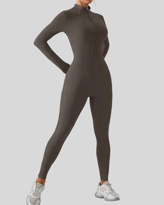 Front angle view of Athlesi PowerSculpt active jumpsuit in dark gray