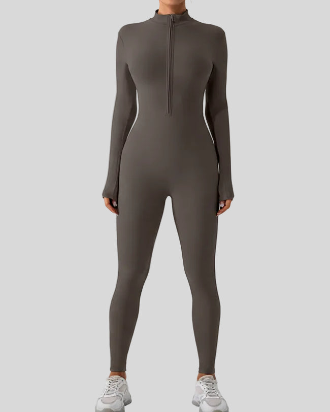 Athlesi PowerSculpt long sleeve active jumpsuit in dark gray, front view
