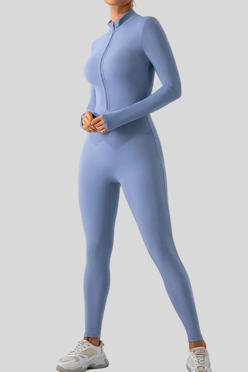 Front angle view of Athlesi PowerSculpt active jumpsuit in light blue