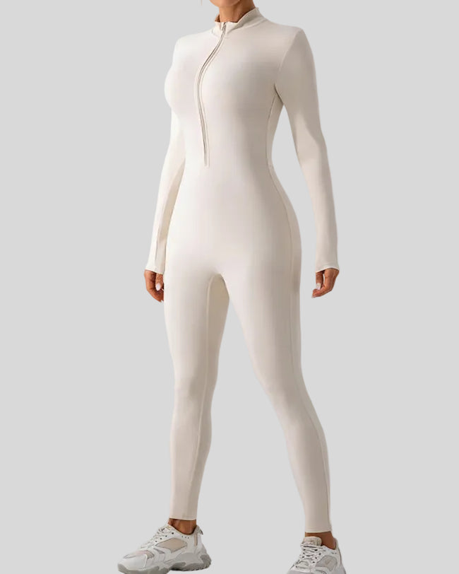 Front angle view of Athlesi PowerSculpt active jumpsuit in white