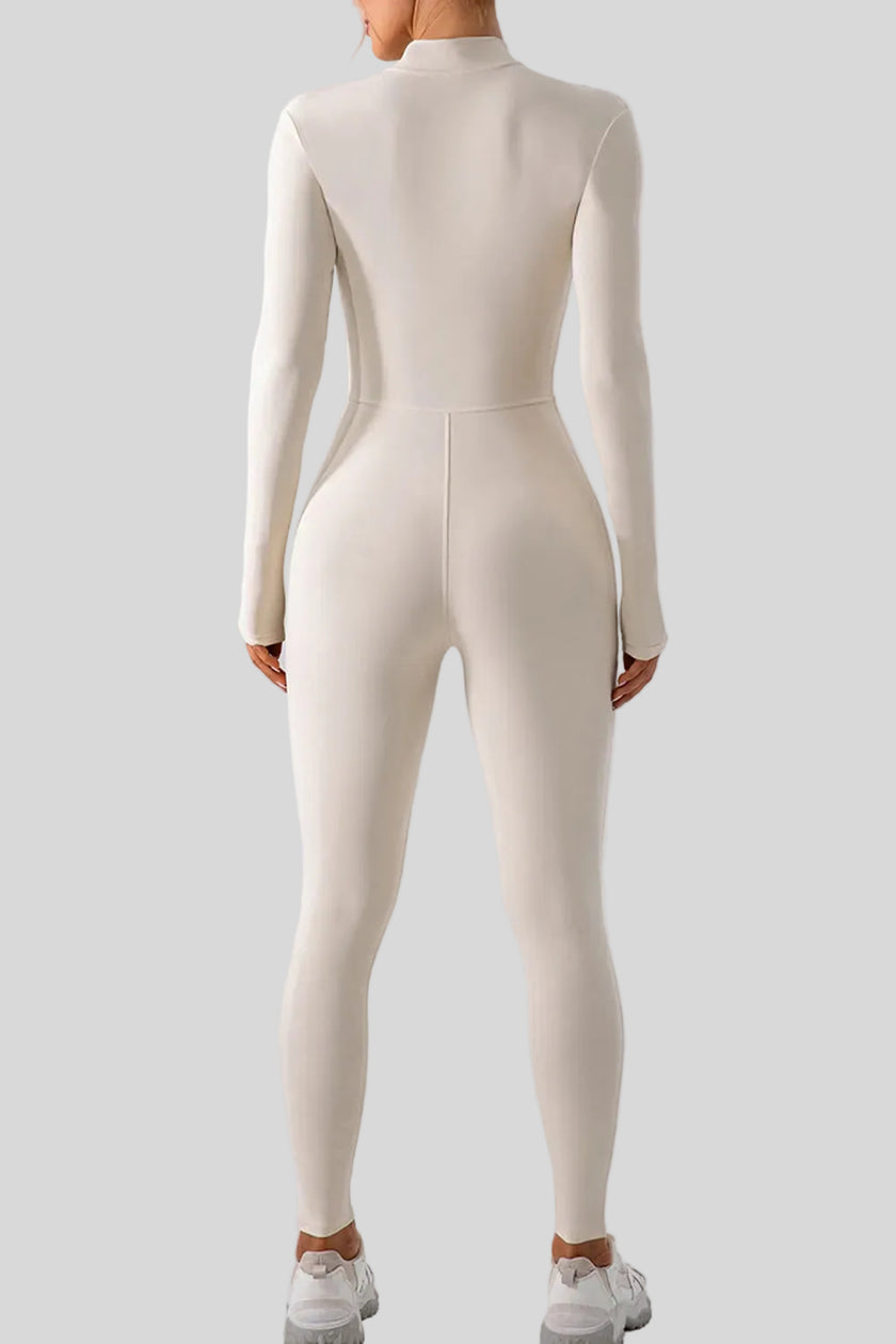 Back view of Athlesi PowerSculpt half-zip long sleeve jumpsuit in white