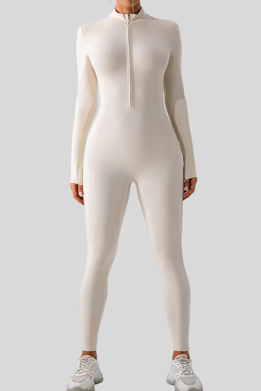 Athlesi PowerSculpt long sleeve active jumpsuit in white, front view