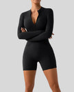 Front angle view of Athlesi PowerSculpt long sleeve romper in black