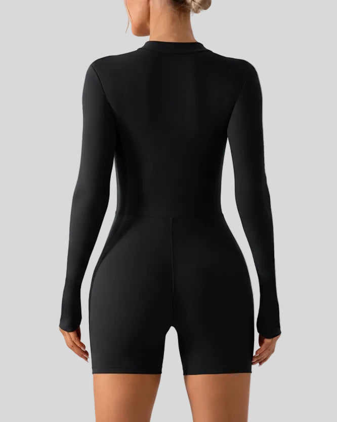 Back view of Athlesi PowerSculpt long sleeve romper in black