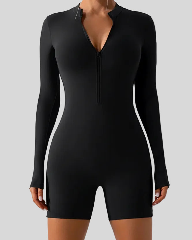 Athlesi PowerSculpt long sleeve romper in black, front view