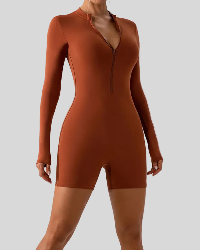 Front angle view of Athlesi PowerSculpt long sleeve romper in caramel