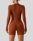 Back view of Athlesi PowerSculpt long sleeve romper in caramel