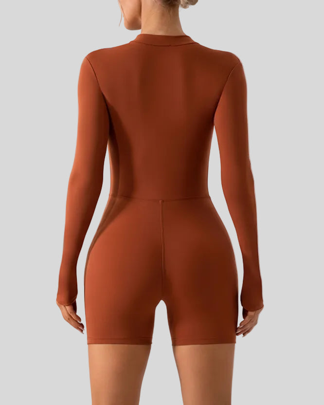 Back view of Athlesi PowerSculpt long sleeve romper in caramel