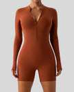 Athlesi PowerSculpt long sleeve romper in caramel, front view