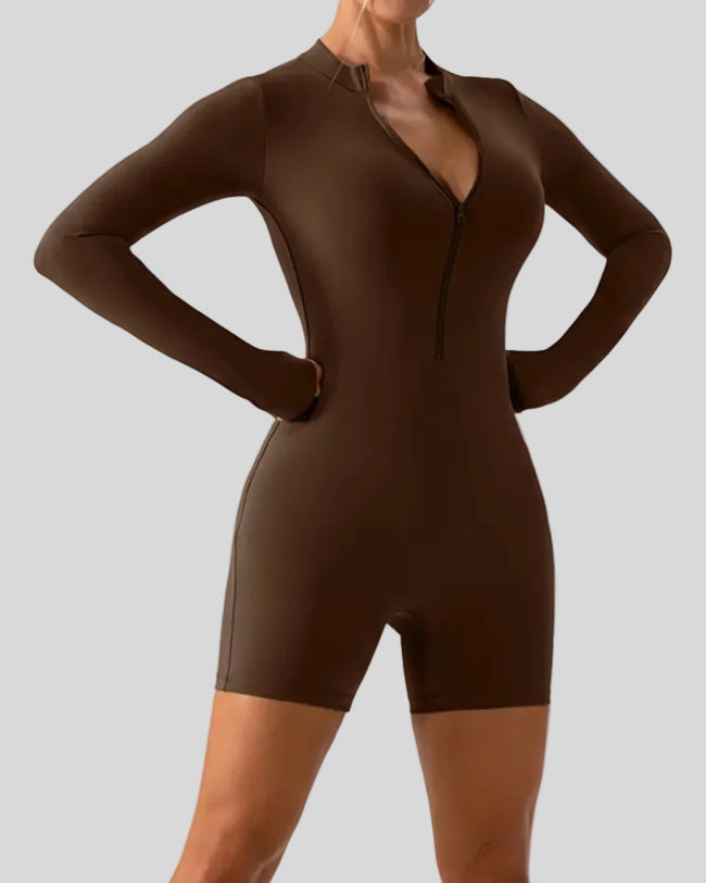 Front angle view of Athlesi PowerSculpt long sleeve romper in chocolate