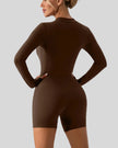 Back view of Athlesi PowerSculpt long sleeve romper in chocolate