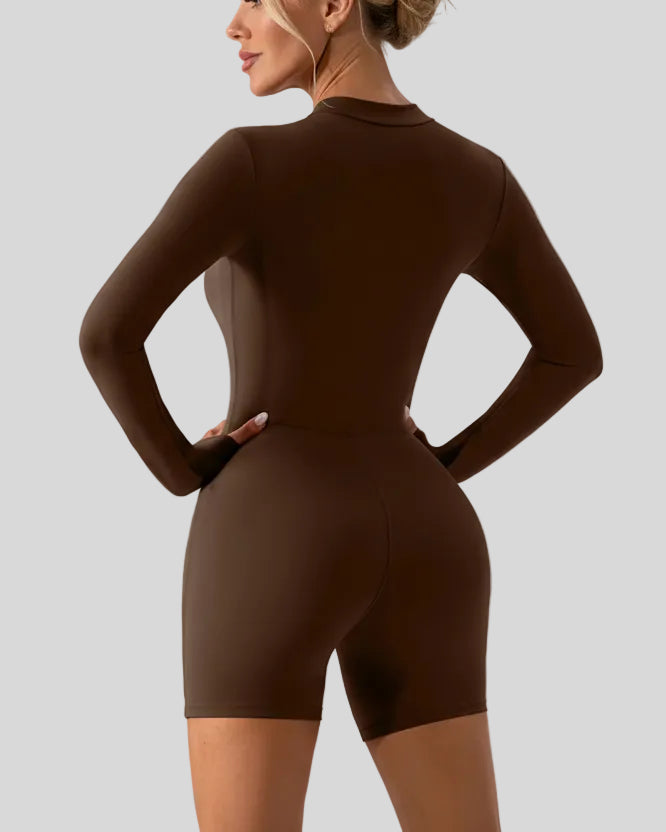 Back view of Athlesi PowerSculpt long sleeve romper in chocolate
