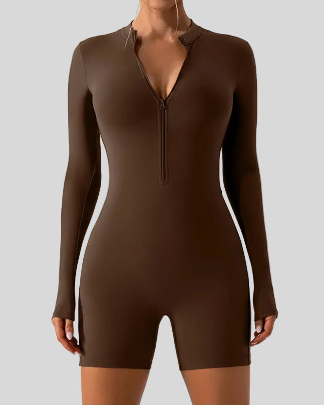 Athlesi PowerSculpt long sleeve romper in chocolate, front view