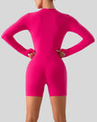 Back view of Athlesi PowerSculpt long sleeve romper in hot pink