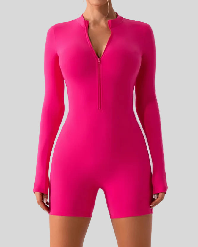 Athlesi PowerSculpt long sleeve romper in hot pink, front view