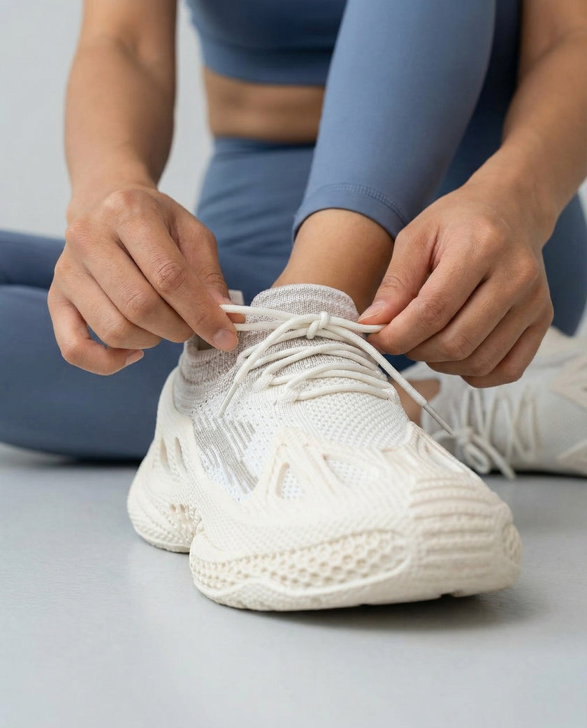 Woman adjusting white Pulseform Mesh Sneakers showing fit and breathable mesh upper detail