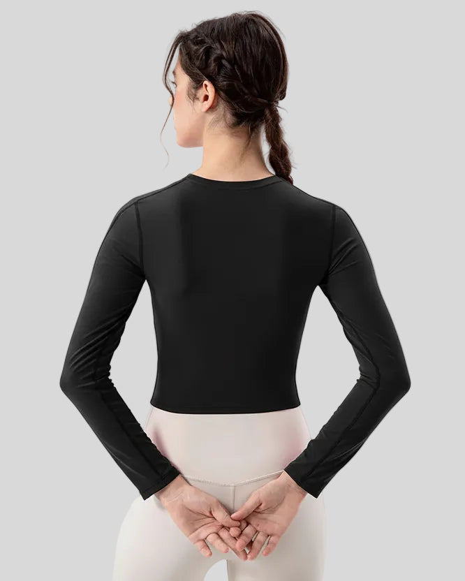 Back view of black PulseMesh Studio Top with long sleeves