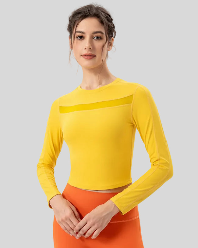 PulseMesh Studio Top in neon yellow, front view with mesh chest detail