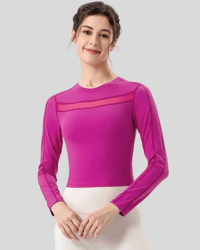 PulseMesh Studio Top in red violet, front view with mesh chest detail