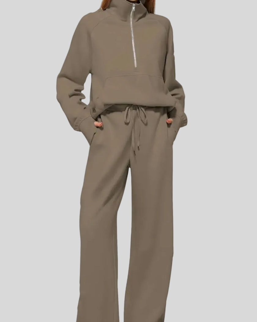 Front view of Athlesi PureMotion Half-Zip Lounge Set in brown