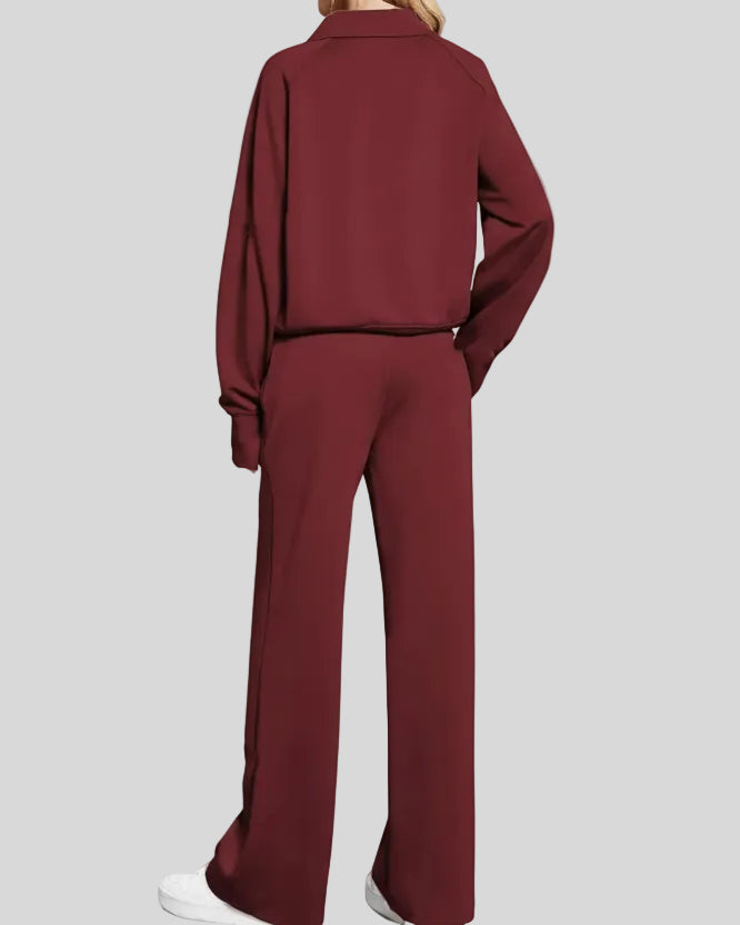 Back view of Athlesi PureMotion Half-Zip Lounge Set in wine red