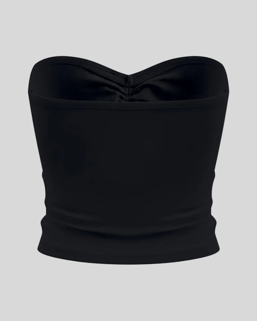 Athlesi QuietForm Ruched Tube Top in Black, back view showing the clean strapless silhouette