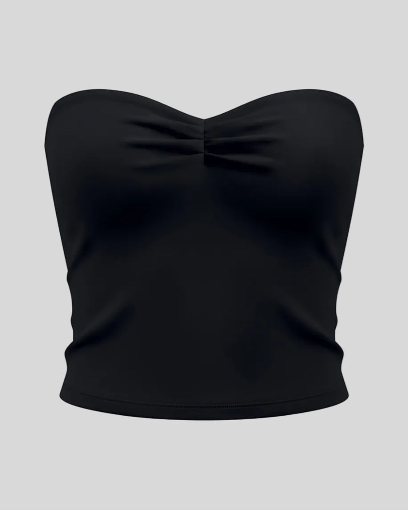 Athlesi QuietForm Ruched Tube Top in Black, front view with strapless neckline and center ruching