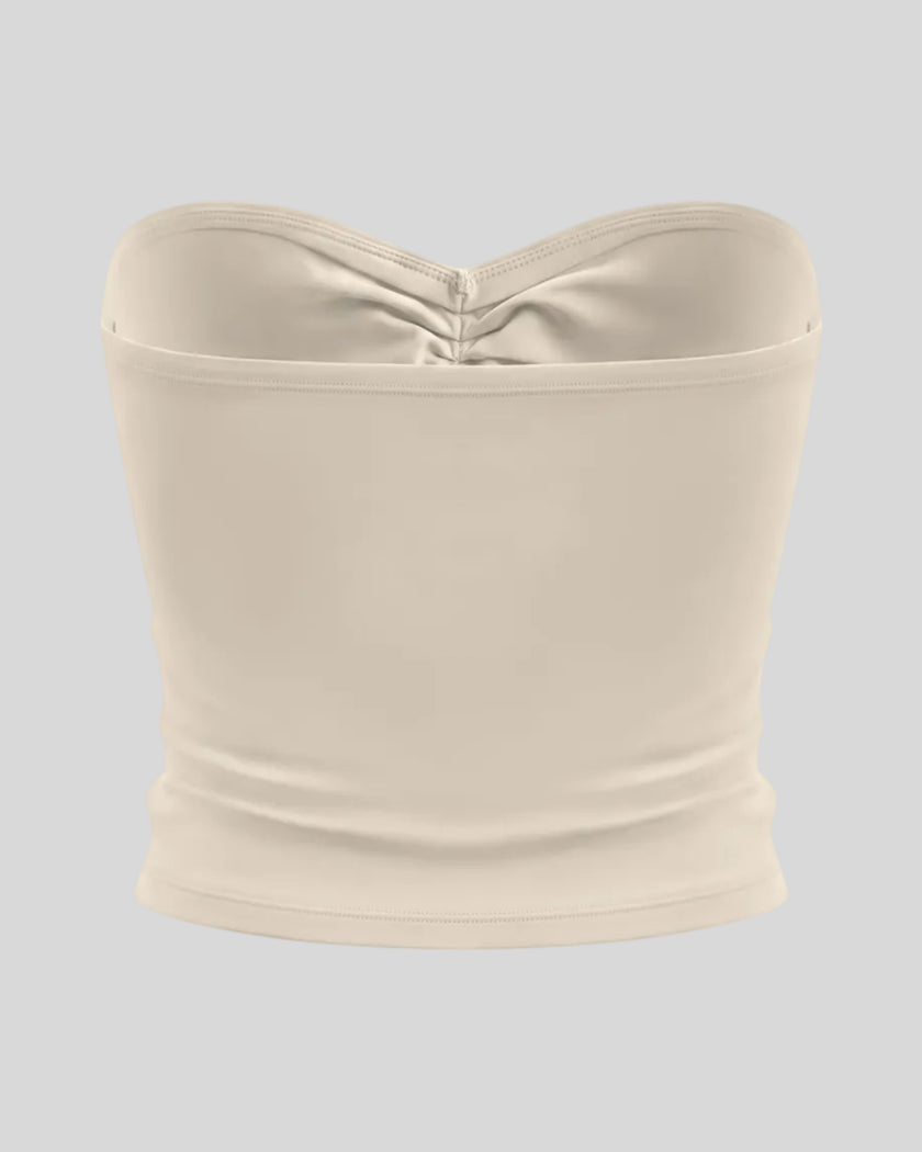 Athlesi QuietForm Ruched Tube Top in Pale Khaki, back view showing the clean strapless silhouette