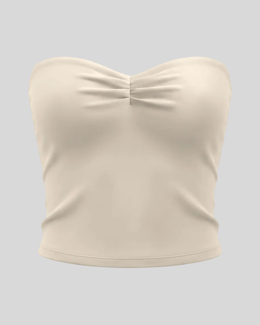 Athlesi QuietForm Ruched Tube Top in Pale Khaki, front view with strapless neckline and center ruching