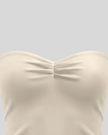 Front close-up of Athlesi QuietForm Ruched Tube Top in Pale Khaki showing the softly ruched neckline detail