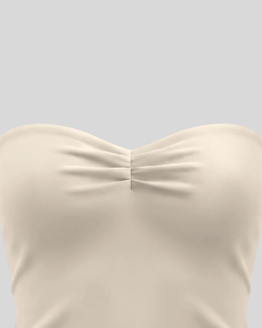 Front close-up of Athlesi QuietForm Ruched Tube Top in Pale Khaki showing the softly ruched neckline detail