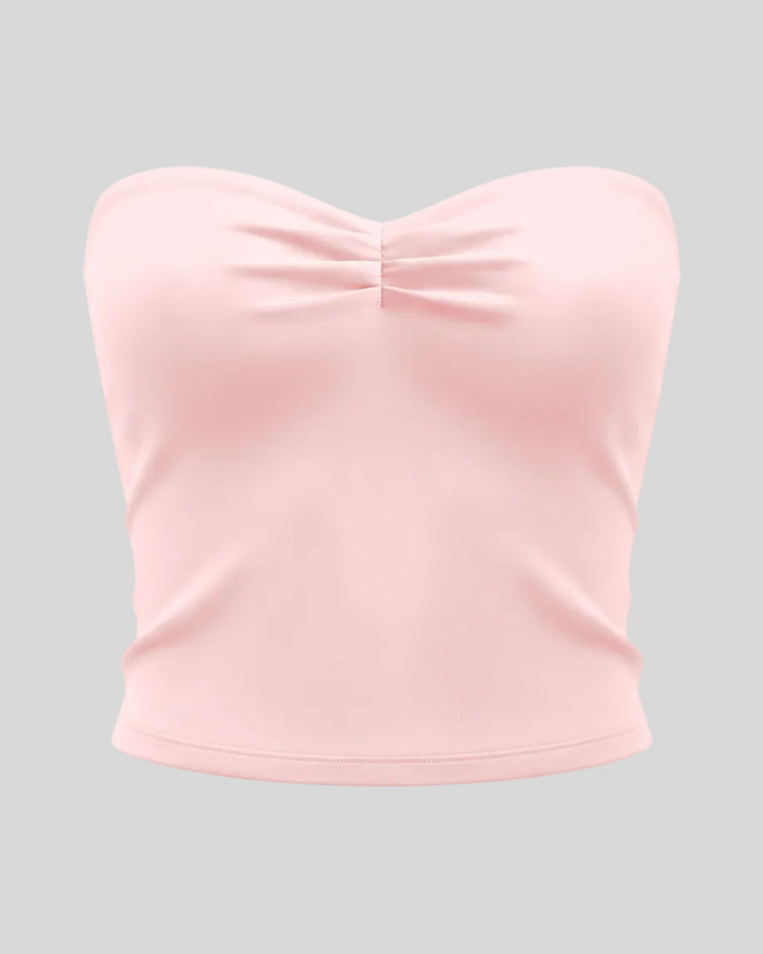 Athlesi QuietForm Ruched Tube Top in Pink, front view with strapless neckline and center ruching