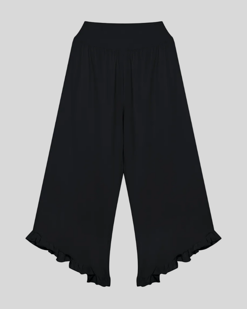 Athlesi QuietForm Wide Leg Pants in Black, front view with high-rise waistband, flowing wide legs, and ruffle hem