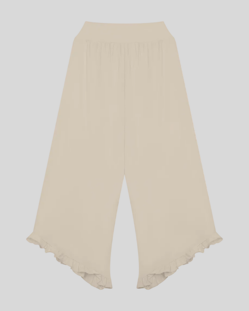 Athlesi QuietForm Wide Leg Pants in Pale Khaki, back view showing the wide waistband and relaxed wide-leg silhouette