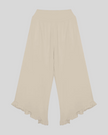 Athlesi QuietForm Wide Leg Pants in Pale Khaki, front view with high-rise waistband, flowing wide legs, and ruffle hem