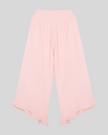 Athlesi QuietForm Wide Leg Pants in Pink, front view with high-rise waistband, flowing wide legs, and ruffle hem