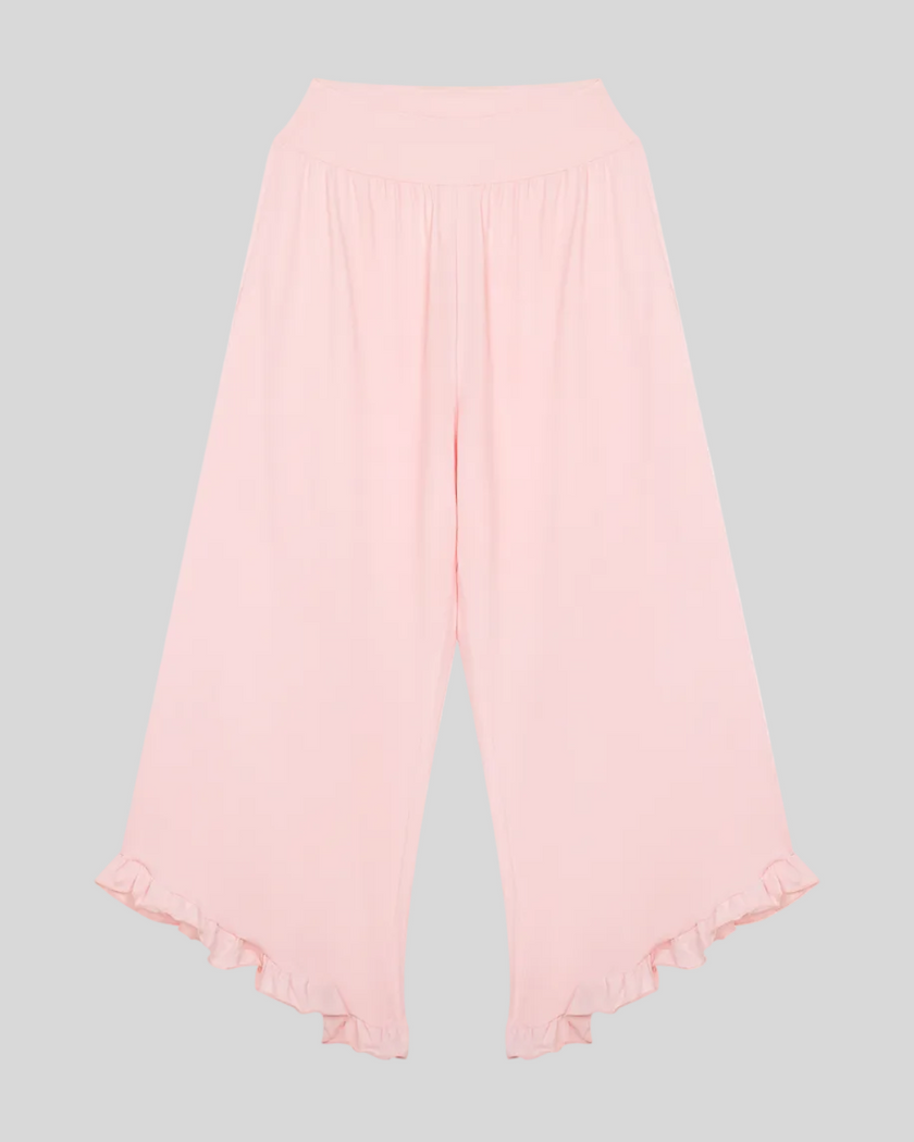 Athlesi QuietForm Wide Leg Pants in Pink, front view with high-rise waistband, flowing wide legs, and ruffle hem
