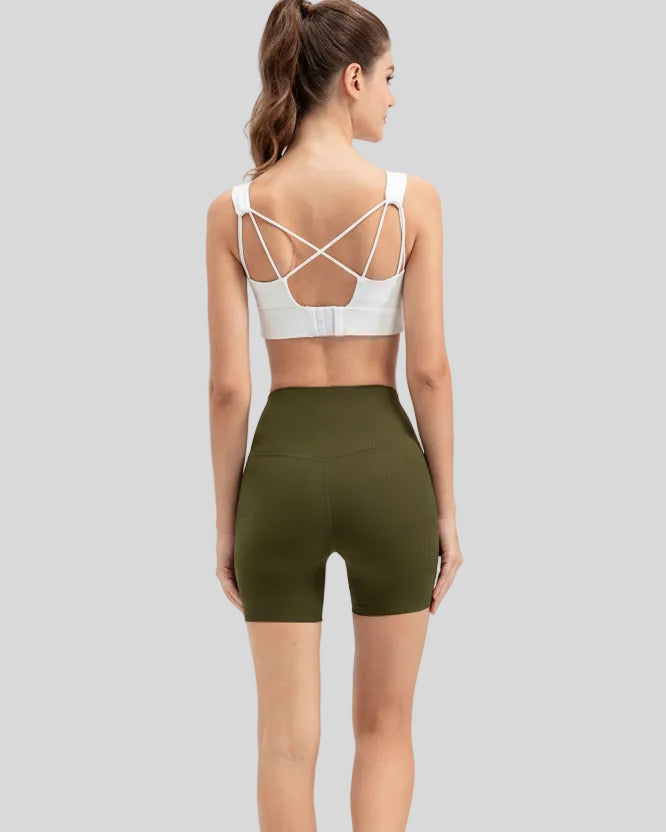 Ribbed wide-waist active shorts in army green, back view