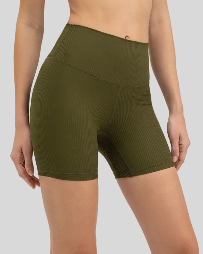 Ribbed wide-waist active shorts in army green, front view